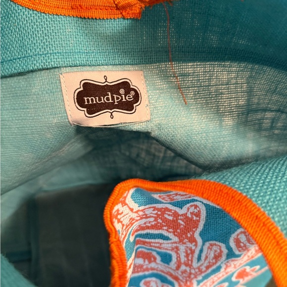Mud Pie Jute Tote Beach Bag Teal With Orange Trim -  coral Design NWOT - Picture 3 of 5